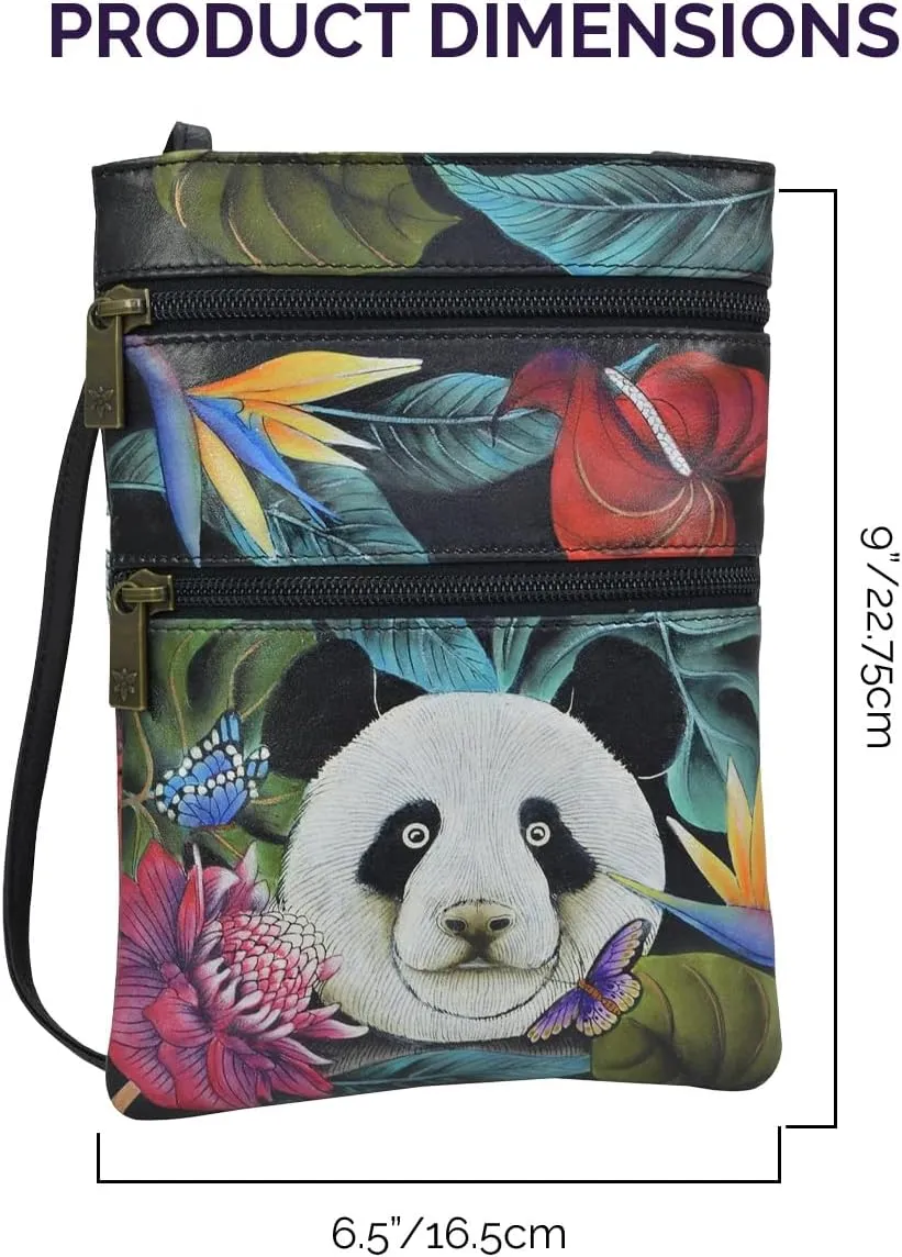 Anuschka Women’s Hand Painted Genuine Leather Mini Double Zip Travel Crossbody - Magnetic Closure, ID Holder & Optical Case