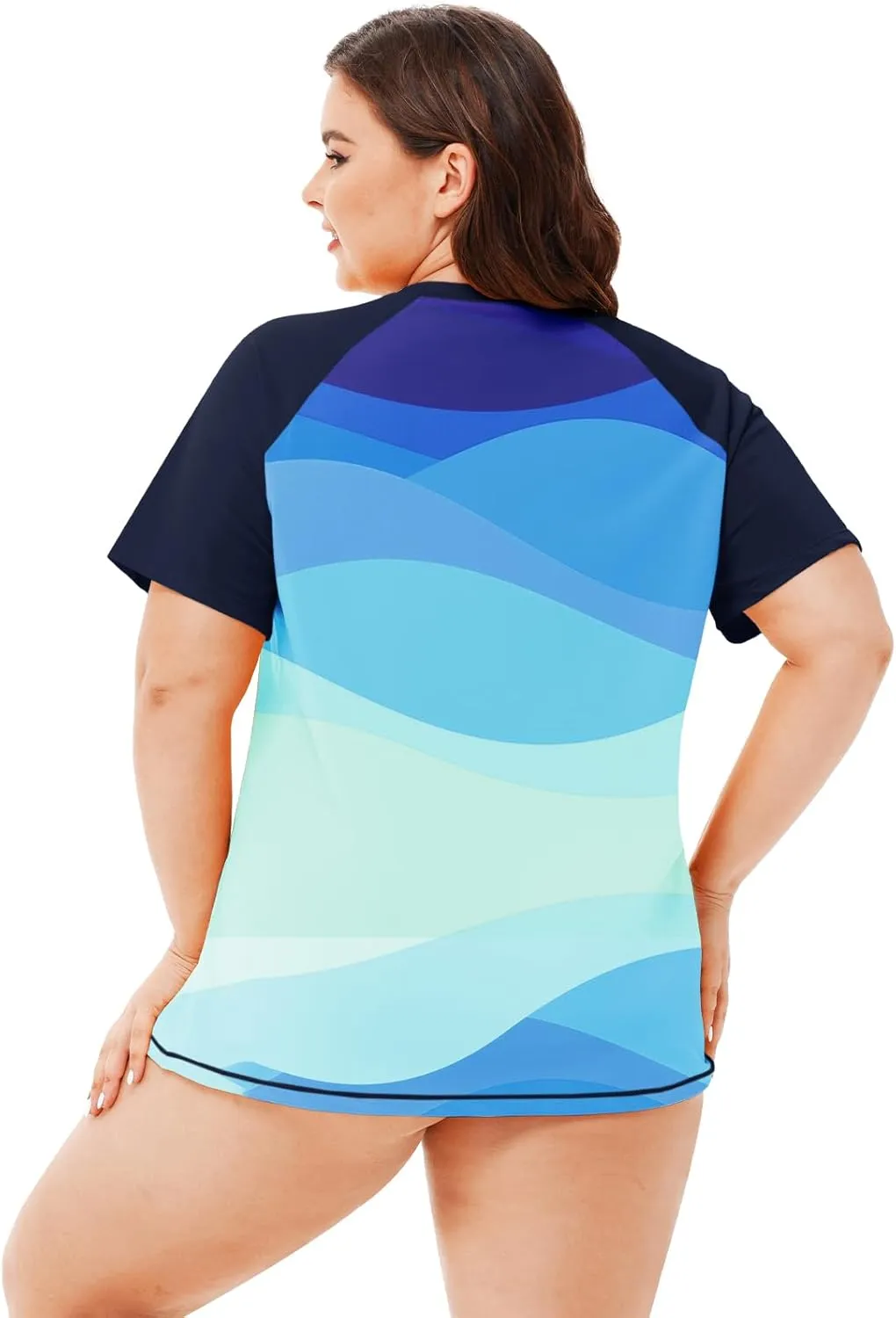 AOBUTE Women Plus Size Rash Guard Zipper Short Sleeve SPF Swim Shirts