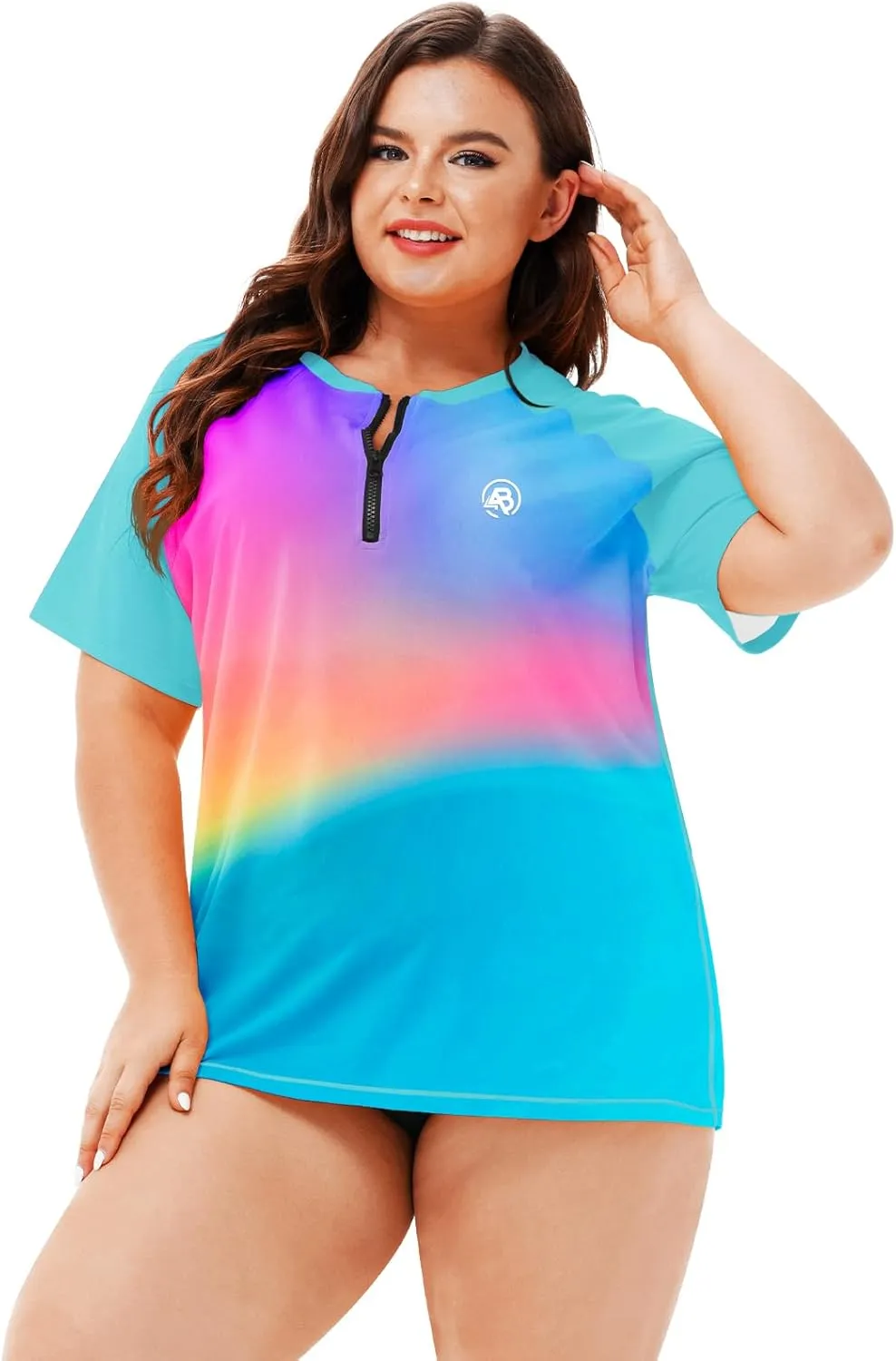 AOBUTE Women Plus Size Rash Guard Zipper Short Sleeve SPF Swim Shirts