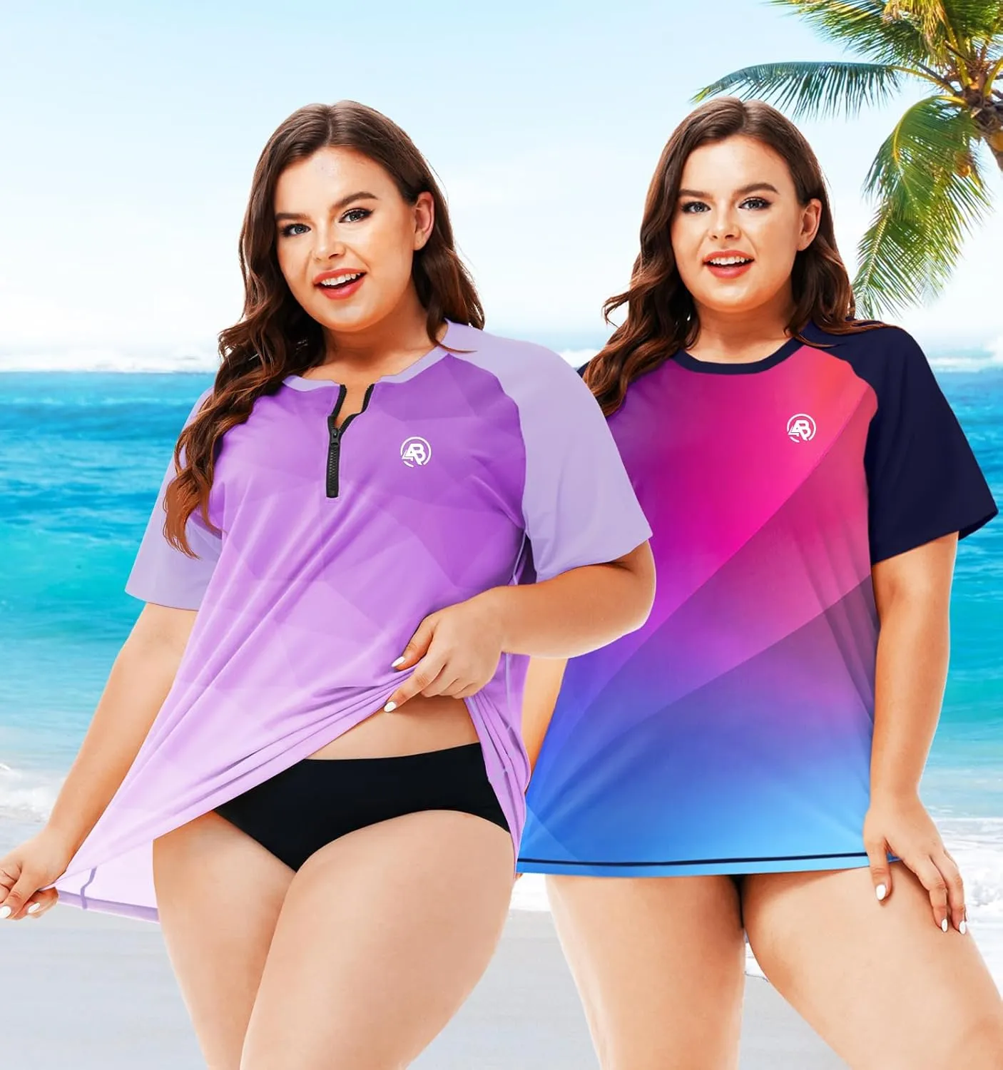 AOBUTE Women Plus Size Rash Guard Zipper Short Sleeve SPF Swim Shirts