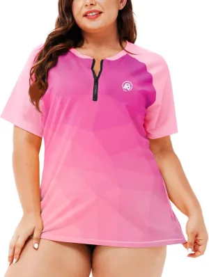 AOBUTE Women Plus Size Rash Guard Zipper Short Sleeve SPF Swim Shirts