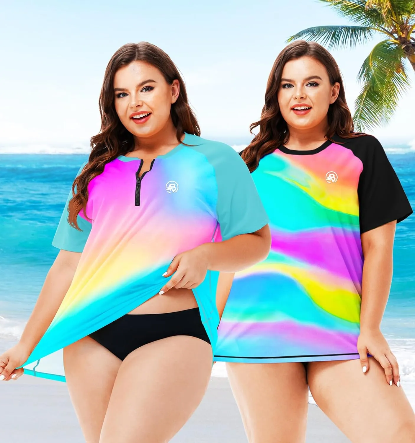 AOBUTE Women Plus Size Rash Guard Zipper Short Sleeve SPF Swim Shirts