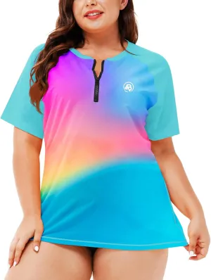 AOBUTE Women Plus Size Rash Guard Zipper Short Sleeve SPF Swim Shirts