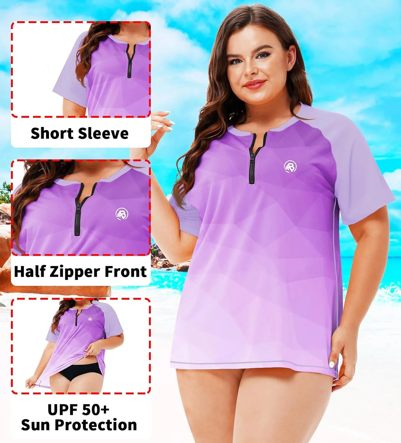 AOBUTE Women Plus Size Rash Guard Zipper Short Sleeve SPF Swim Shirts