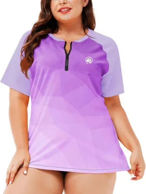 AOBUTE Women Plus Size Rash Guard Zipper Short Sleeve SPF Swim Shirts