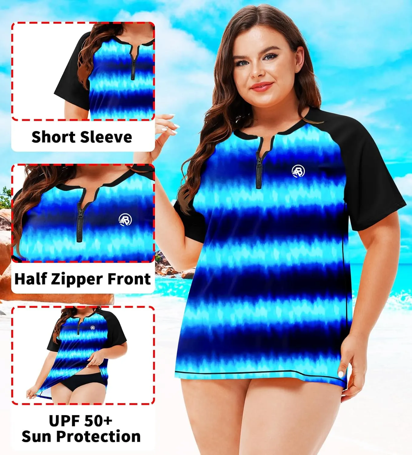 AOBUTE Women Plus Size Rash Guard Zipper Short Sleeve SPF Swim Shirts