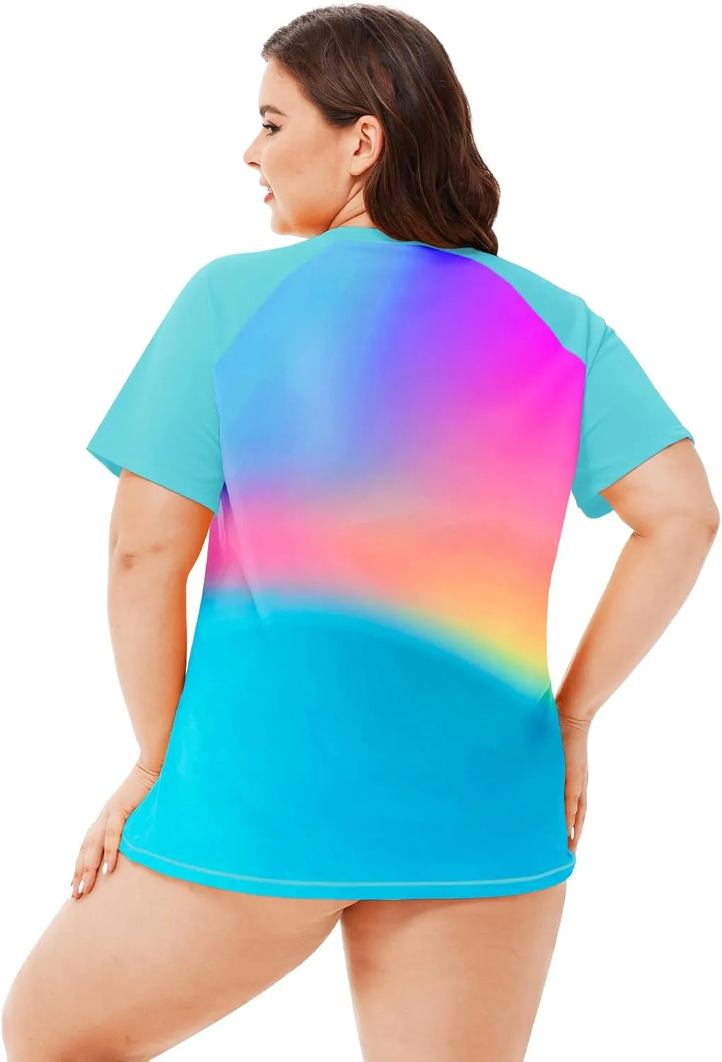AOBUTE Women Plus Size Rash Guard Zipper Short Sleeve SPF Swim Shirts