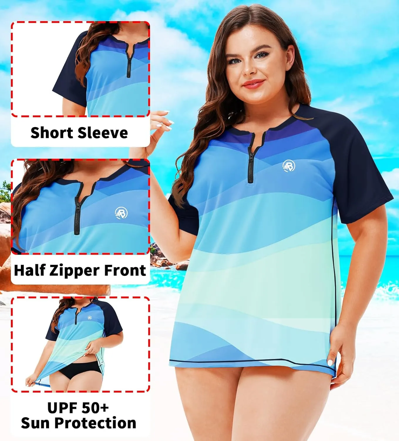 AOBUTE Women Plus Size Rash Guard Zipper Short Sleeve SPF Swim Shirts