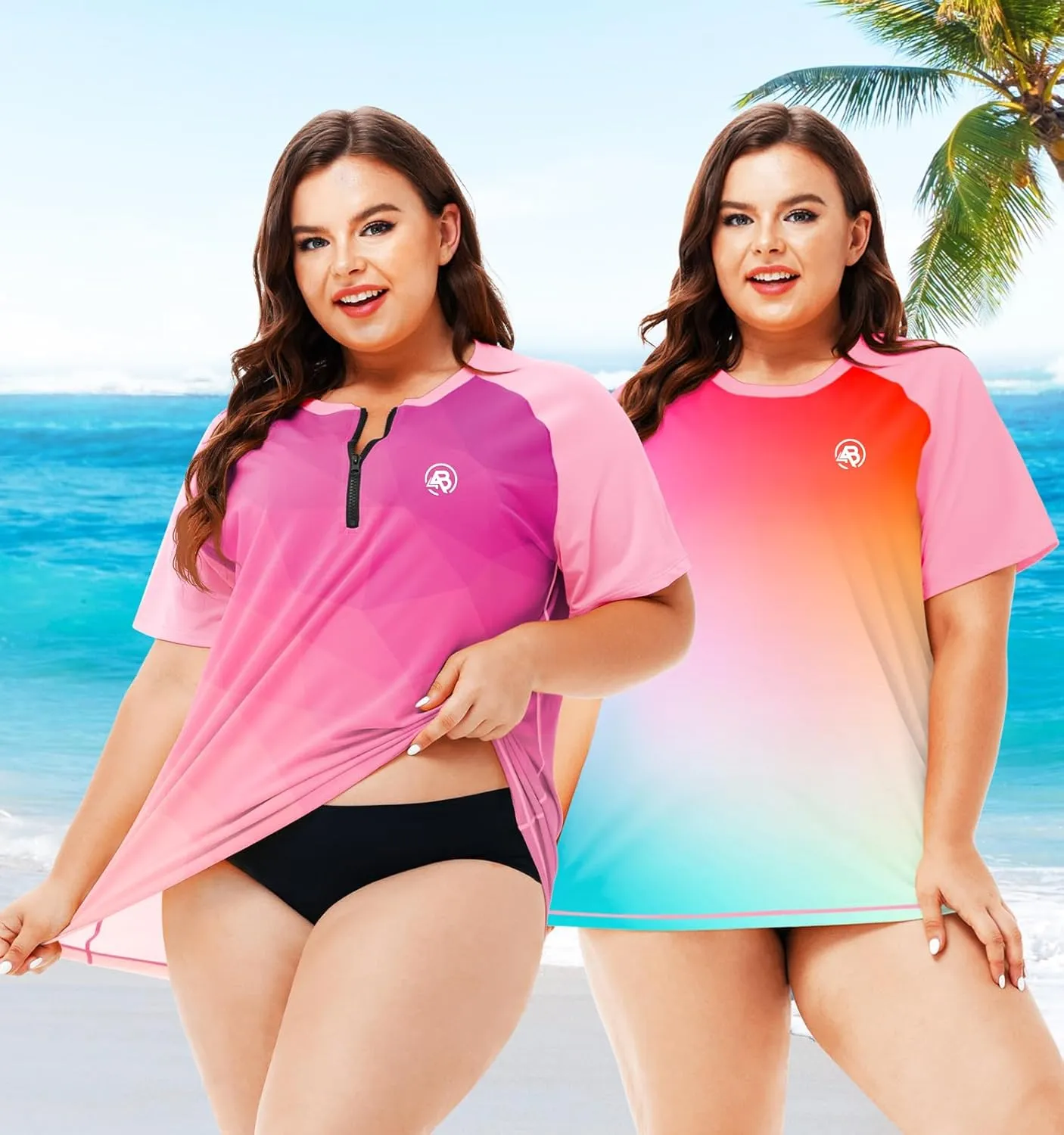 AOBUTE Women Plus Size Rash Guard Zipper Short Sleeve SPF Swim Shirts