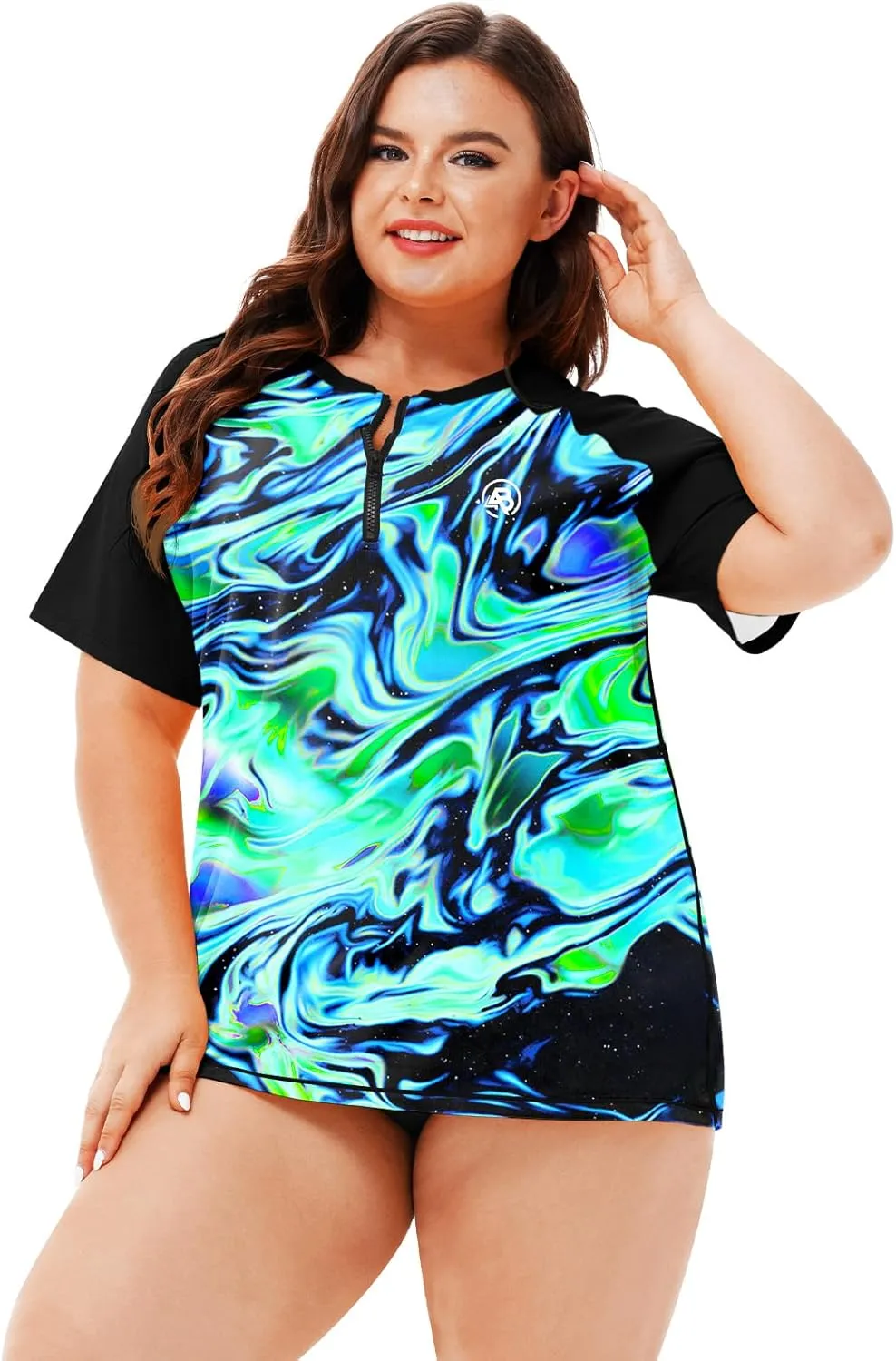 AOBUTE Women Plus Size Rash Guard Zipper Short Sleeve SPF Swim Shirts