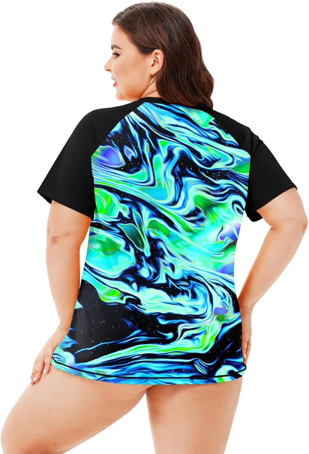 AOBUTE Women Plus Size Rash Guard Zipper Short Sleeve SPF Swim Shirts