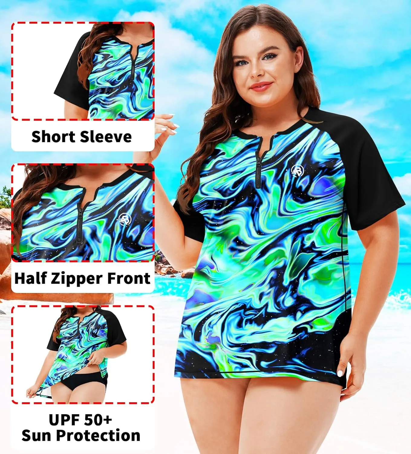 AOBUTE Women Plus Size Rash Guard Zipper Short Sleeve SPF Swim Shirts