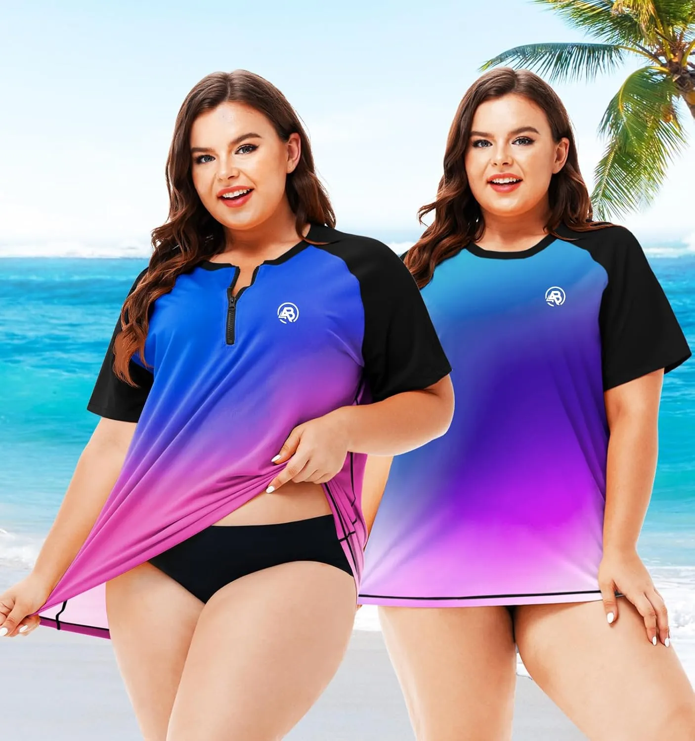 AOBUTE Women Plus Size Rash Guard Zipper Short Sleeve SPF Swim Shirts