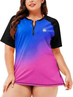 AOBUTE Women Plus Size Rash Guard Zipper Short Sleeve SPF Swim Shirts
