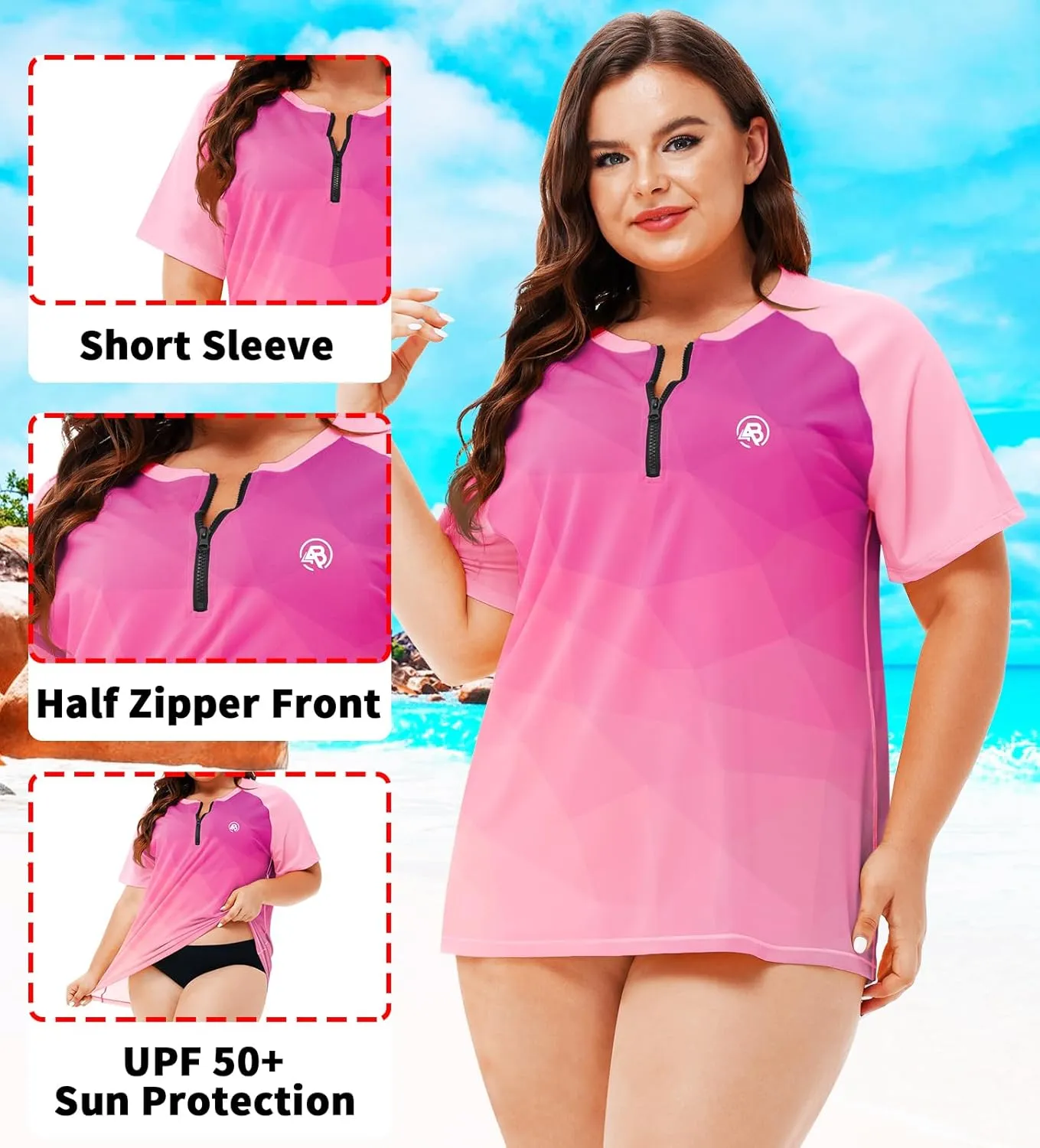 AOBUTE Women Plus Size Rash Guard Zipper Short Sleeve SPF Swim Shirts
