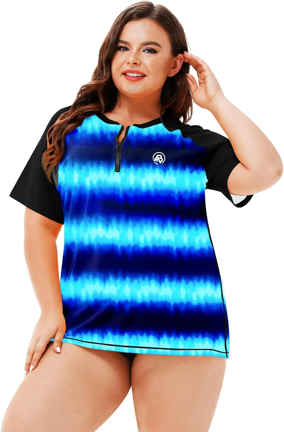 AOBUTE Women Plus Size Rash Guard Zipper Short Sleeve SPF Swim Shirts