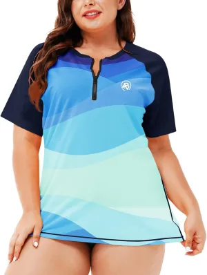 AOBUTE Women Plus Size Rash Guard Zipper Short Sleeve SPF Swim Shirts