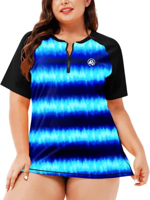 AOBUTE Women Plus Size Rash Guard Zipper Short Sleeve SPF Swim Shirts