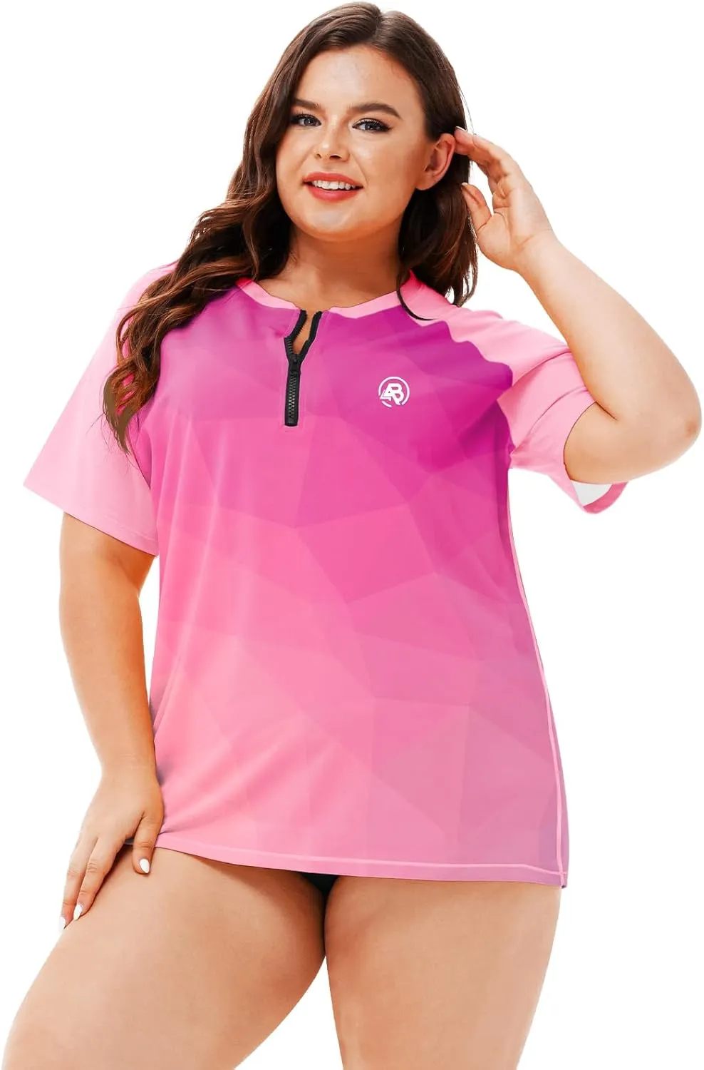 AOBUTE Women Plus Size Rash Guard Zipper Short Sleeve SPF Swim Shirts