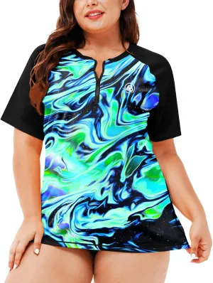 AOBUTE Women Plus Size Rash Guard Zipper Short Sleeve SPF Swim Shirts