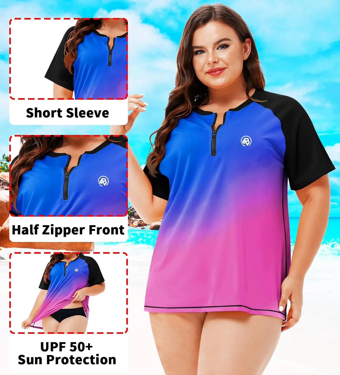 AOBUTE Women Plus Size Rash Guard Zipper Short Sleeve SPF Swim Shirts