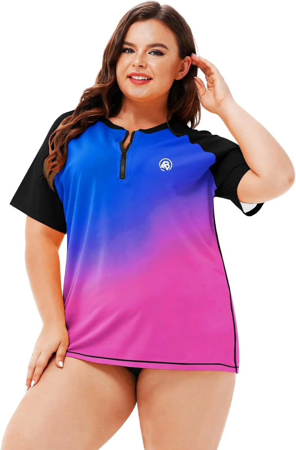 AOBUTE Women Plus Size Rash Guard Zipper Short Sleeve SPF Swim Shirts