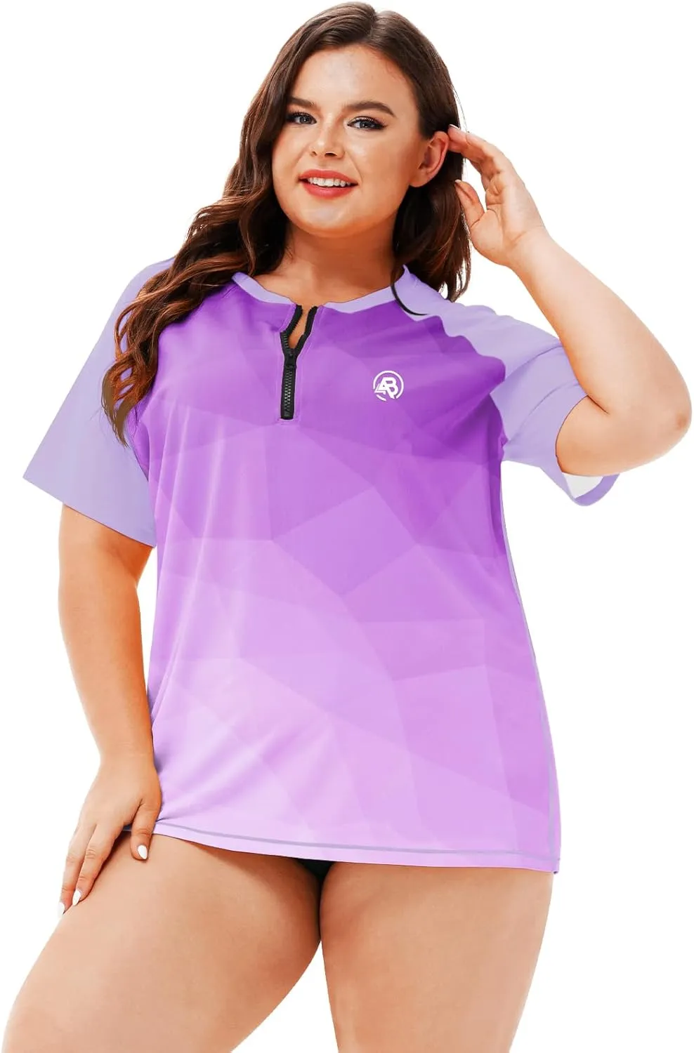 AOBUTE Women Plus Size Rash Guard Zipper Short Sleeve SPF Swim Shirts