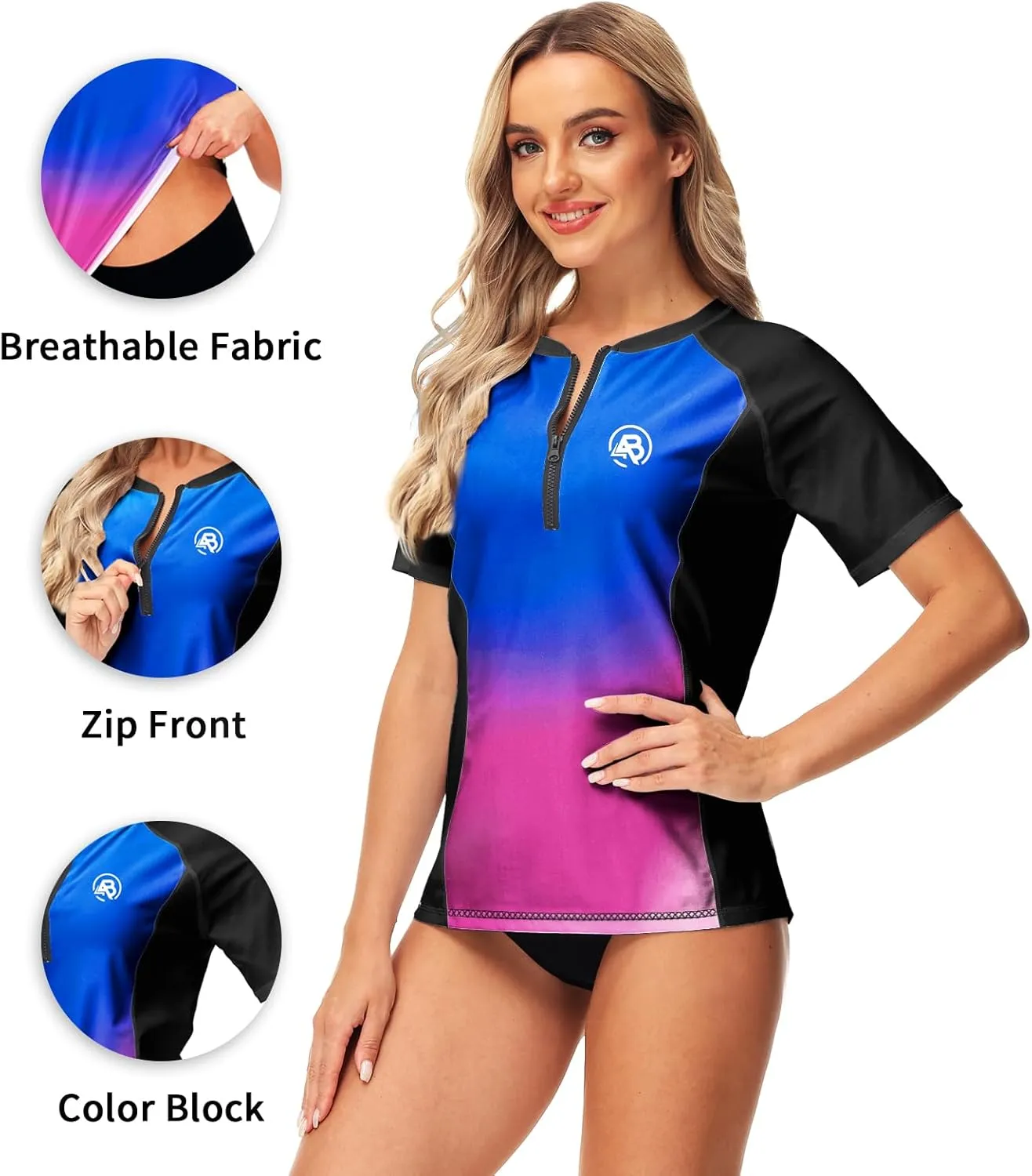 AOBUTE Women Zip Rash Guard UPF 50  Gradient Short Sleeve Swim Top Surf Shirts
