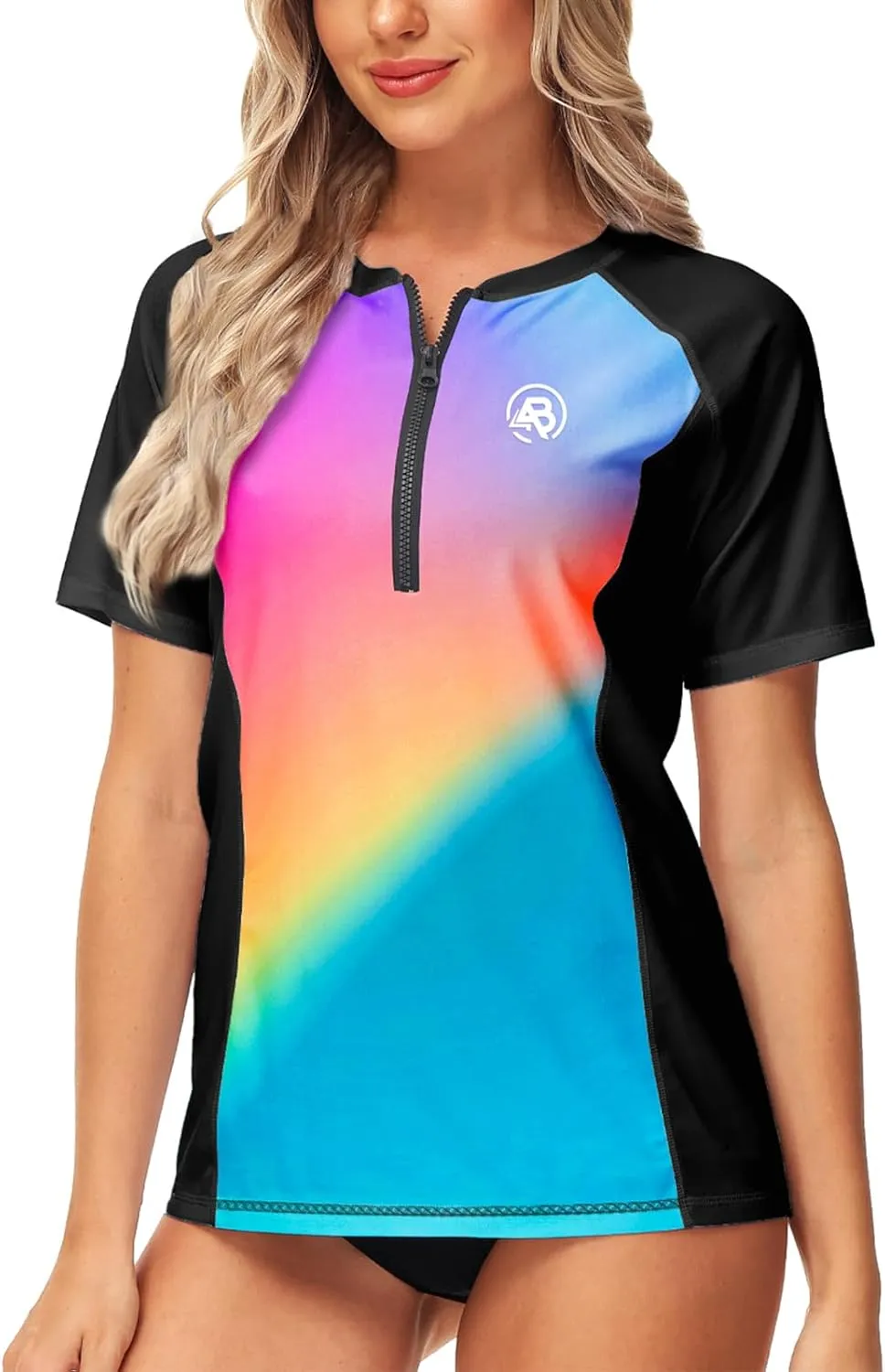 AOBUTE Women Zip Rash Guard UPF 50  Gradient Short Sleeve Swim Top Surf Shirts
