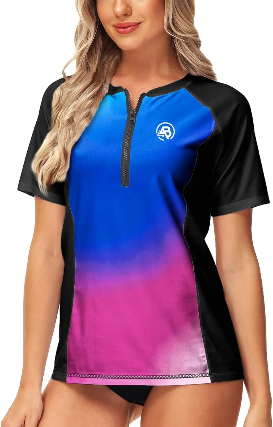 AOBUTE Women Zip Rash Guard UPF 50  Gradient Short Sleeve Swim Top Surf Shirts