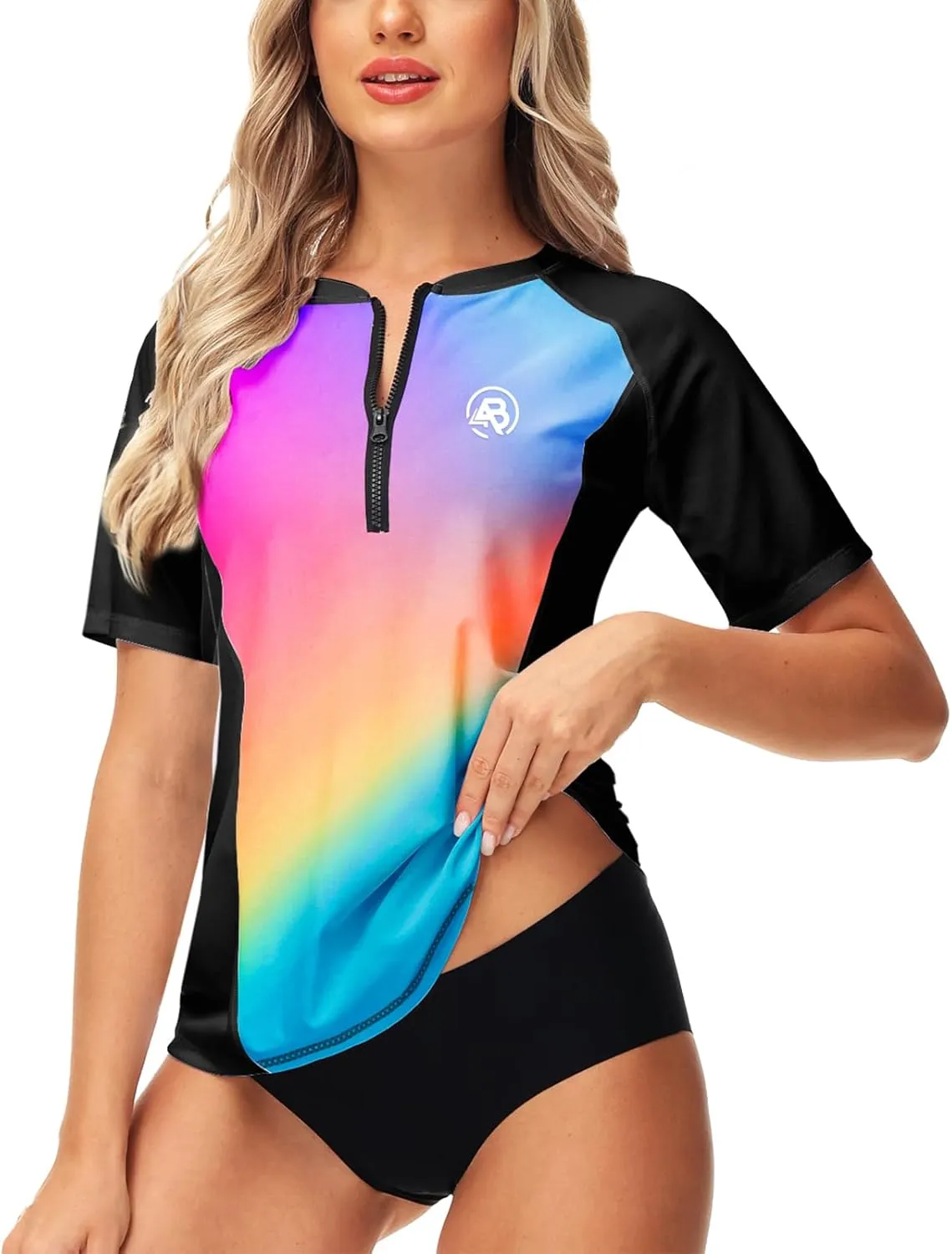 AOBUTE Women Zip Rash Guard UPF 50  Gradient Short Sleeve Swim Top Surf Shirts