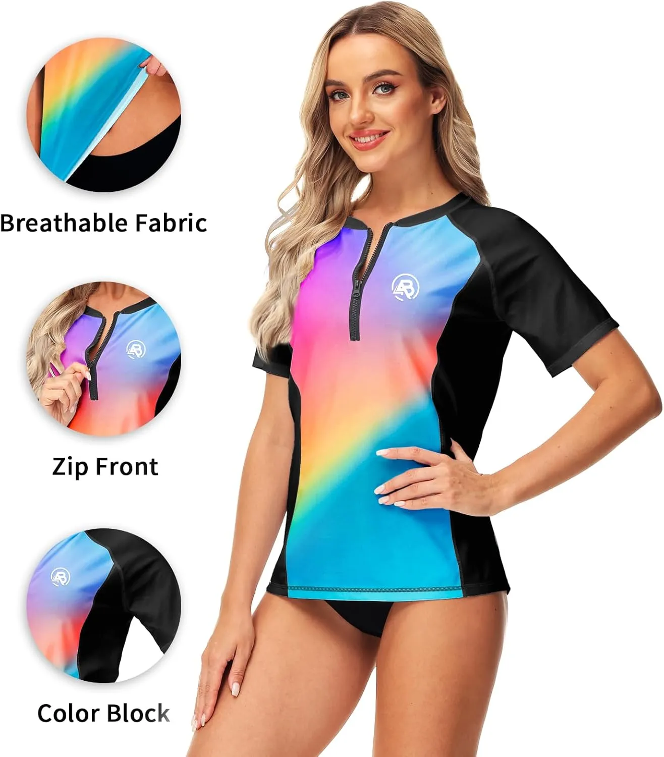 AOBUTE Women Zip Rash Guard UPF 50  Gradient Short Sleeve Swim Top Surf Shirts