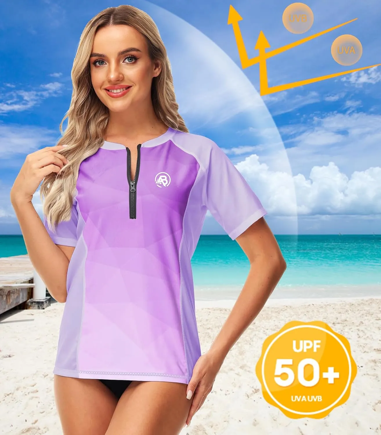 AOBUTE Women Zip Rash Guard UPF 50  Gradient Short Sleeve Swim Top Surf Shirts