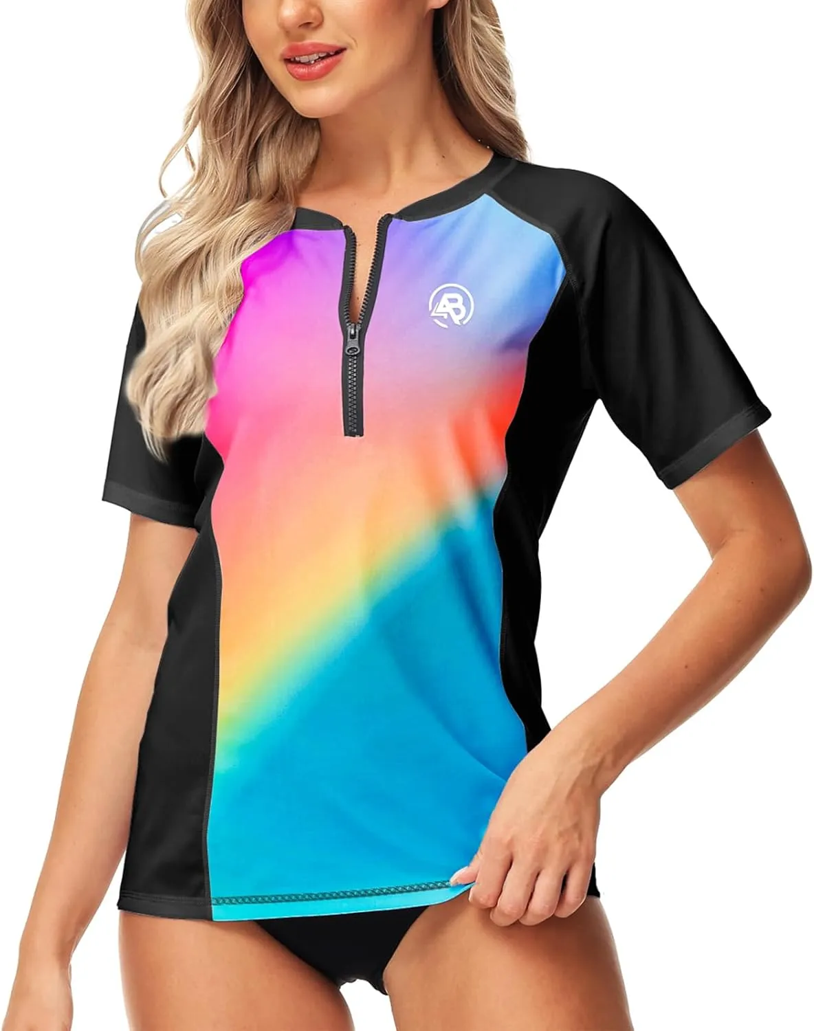 AOBUTE Women Zip Rash Guard UPF 50  Gradient Short Sleeve Swim Top Surf Shirts