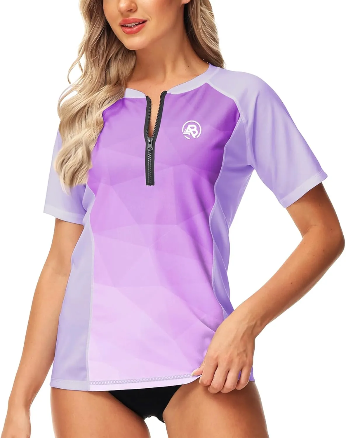 AOBUTE Women Zip Rash Guard UPF 50  Gradient Short Sleeve Swim Top Surf Shirts