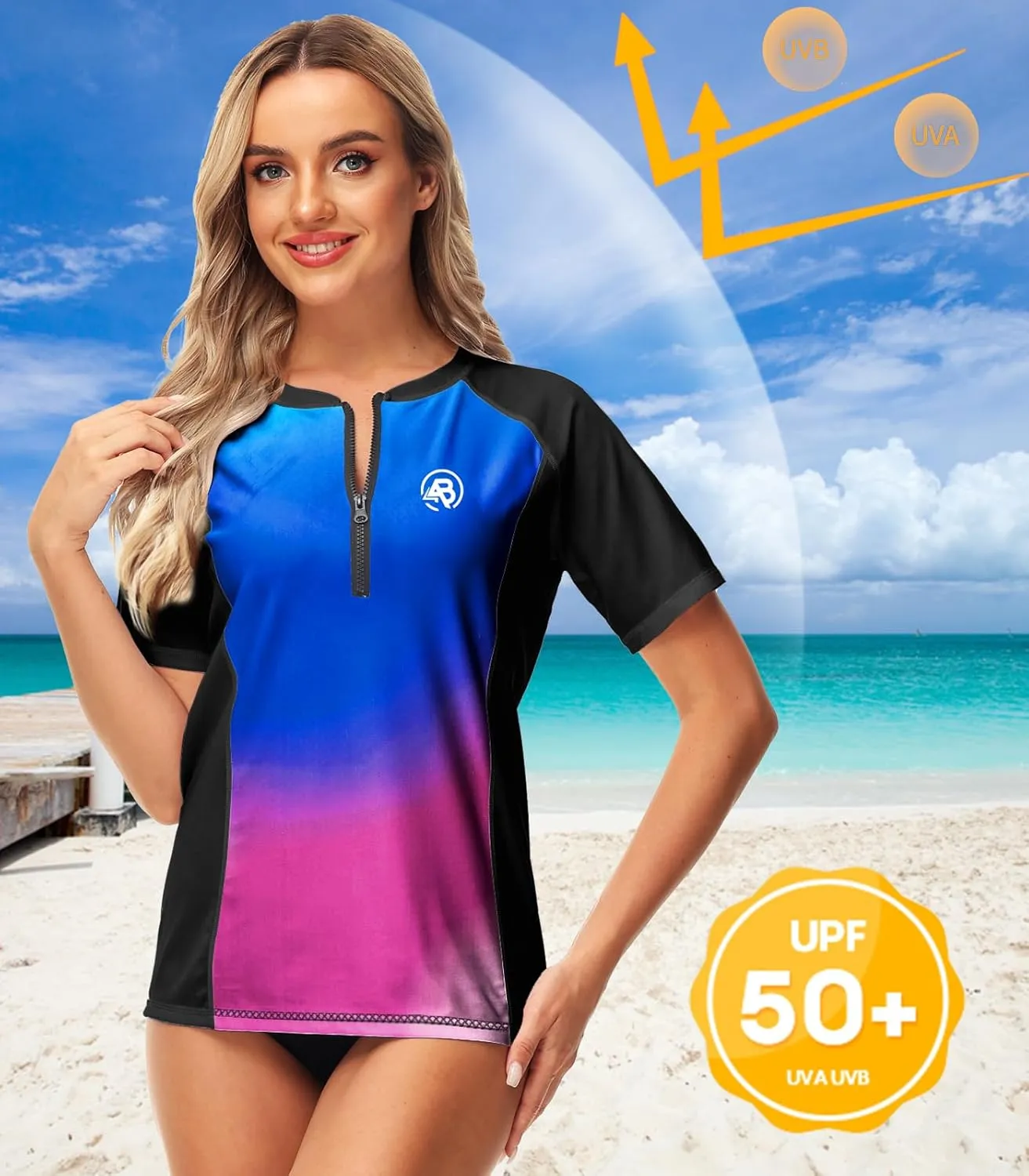 AOBUTE Women Zip Rash Guard UPF 50  Gradient Short Sleeve Swim Top Surf Shirts
