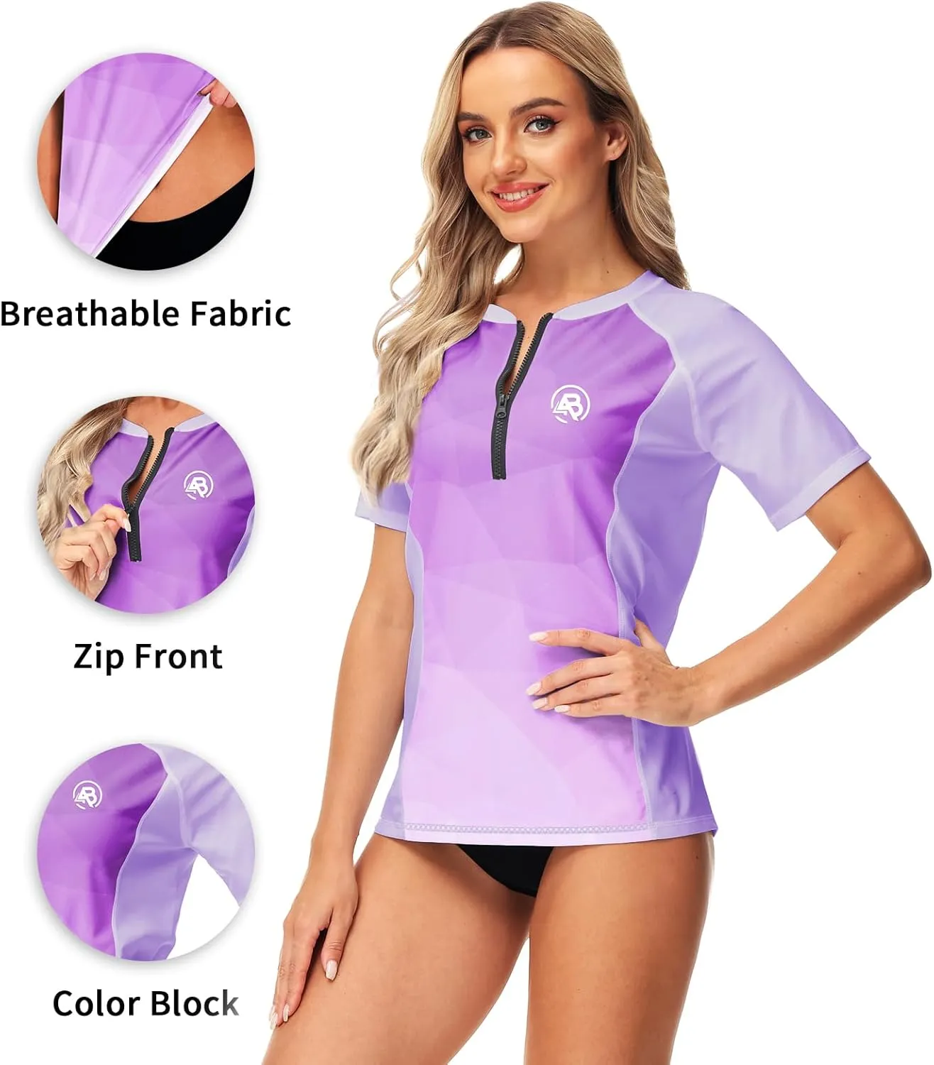 AOBUTE Women Zip Rash Guard UPF 50  Gradient Short Sleeve Swim Top Surf Shirts