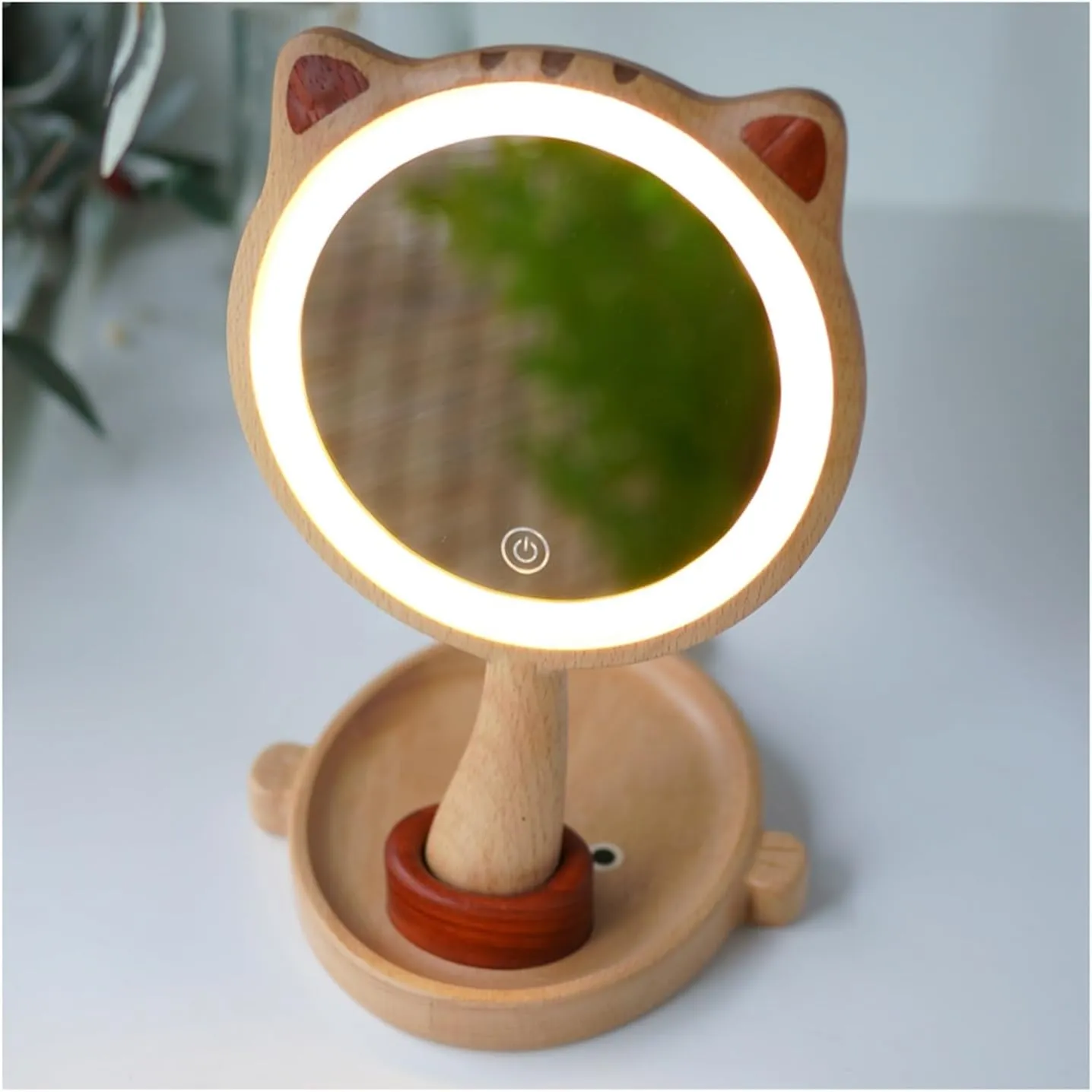 APLUSH Cute Handheld Lighted Makeup Mirror with Base, Desktop Standing Mirror, Portable Hand Mirror, Smart Touch(A)