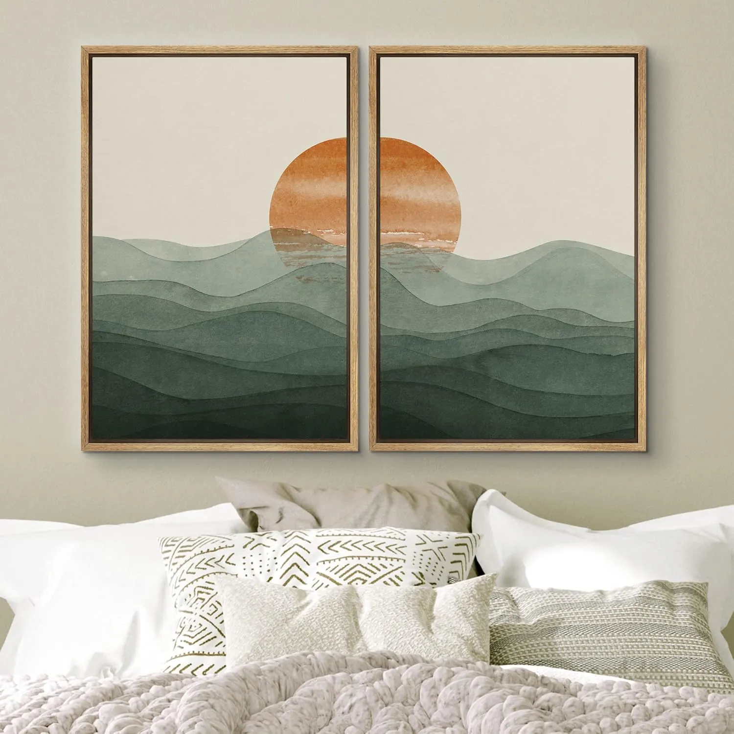 Ashbrook Framed Wall Art Print Set Rising Sun Over Green Gradient Mountain Range Valley Nature Wilderness Illustrations Modern Relax/Calm for Living Room, Bedroom, Office - 24"x36"x2 Natural