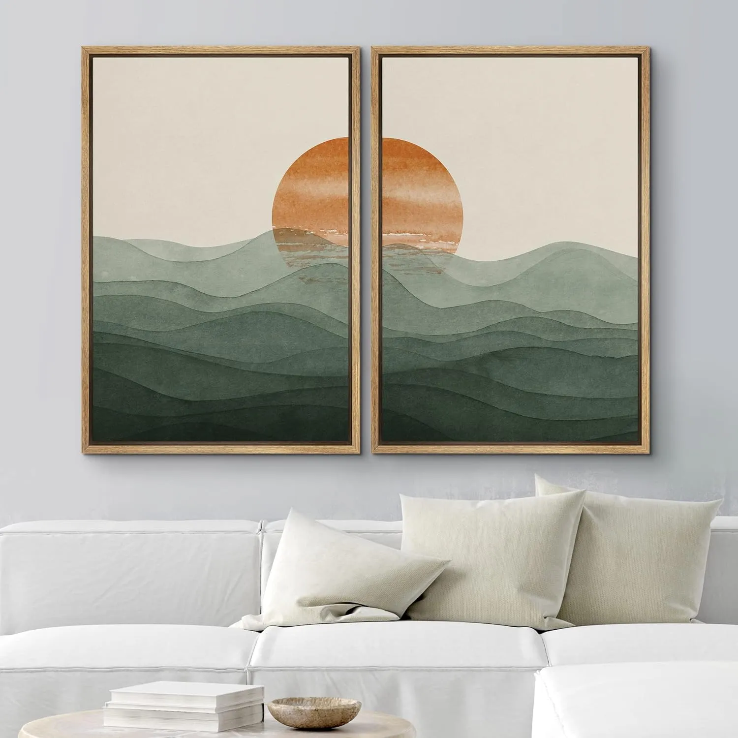 Ashbrook Framed Wall Art Print Set Rising Sun Over Green Gradient Mountain Range Valley Nature Wilderness Illustrations Modern Relax/Calm for Living Room, Bedroom, Office - 24"x36"x2 Natural