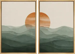 Ashbrook Framed Wall Art Print Set Rising Sun Over Green Gradient Mountain Range Valley Nature Wilderness Illustrations Modern Relax/Calm for Living Room, Bedroom, Office - 24"x36"x2 Natural