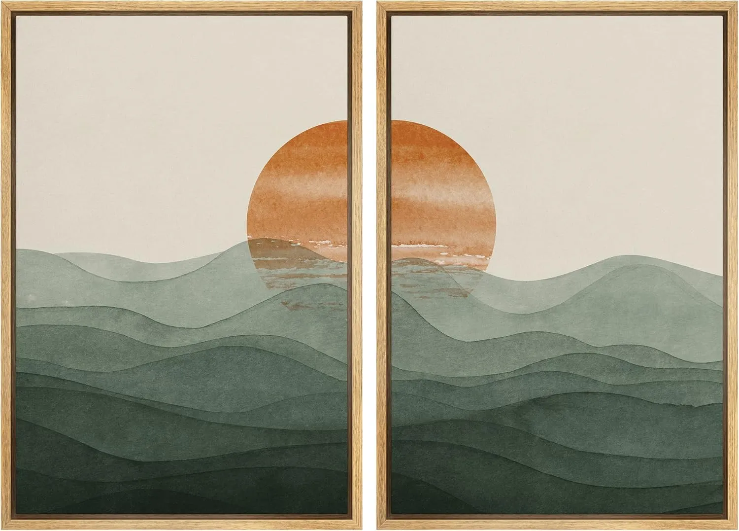 Ashbrook Framed Wall Art Print Set Rising Sun Over Green Gradient Mountain Range Valley Nature Wilderness Illustrations Modern Relax/Calm for Living Room, Bedroom, Office - 24"x36"x2 Natural
