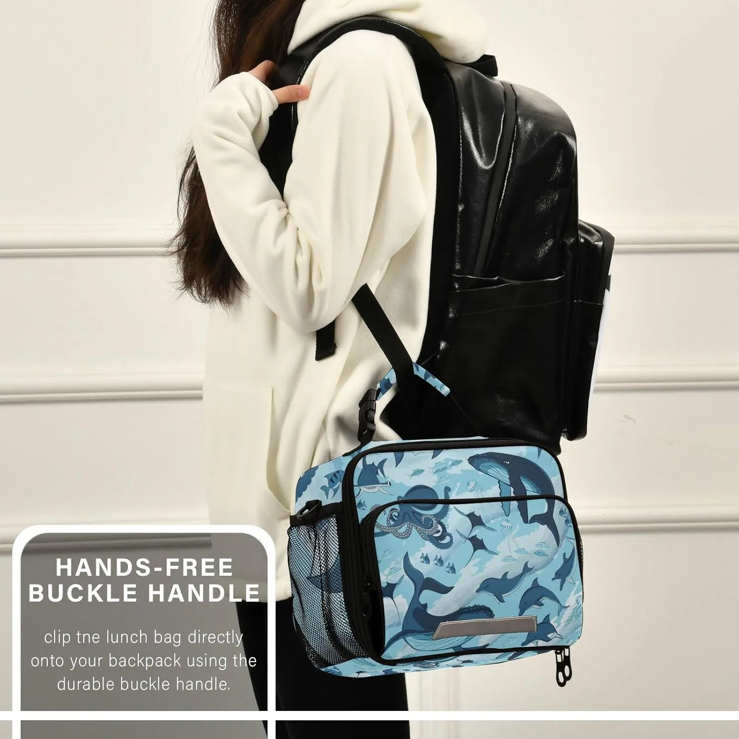 Aslsiy Lunch Bag for Women Fish and Marine Animals Insulated Lunch Box Sharks Whale Octopus Handbag with Adjustable Shoulder Strap for Office Picnic Travel