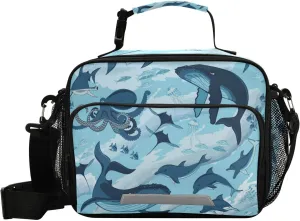 Aslsiy Lunch Bag for Women Fish and Marine Animals Insulated Lunch Box Sharks Whale Octopus Handbag with Adjustable Shoulder Strap for Office Picnic Travel