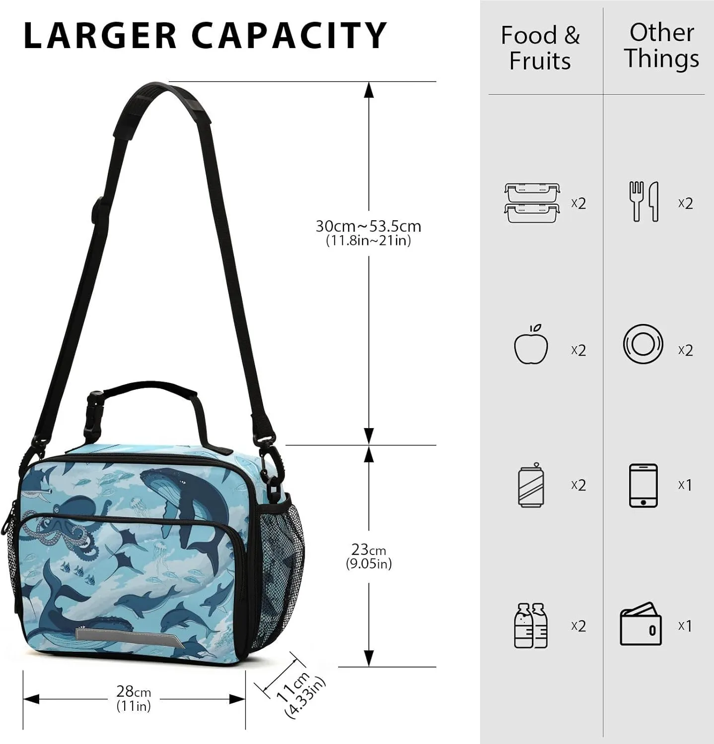 Aslsiy Lunch Bag for Women Fish and Marine Animals Insulated Lunch Box Sharks Whale Octopus Handbag with Adjustable Shoulder Strap for Office Picnic Travel