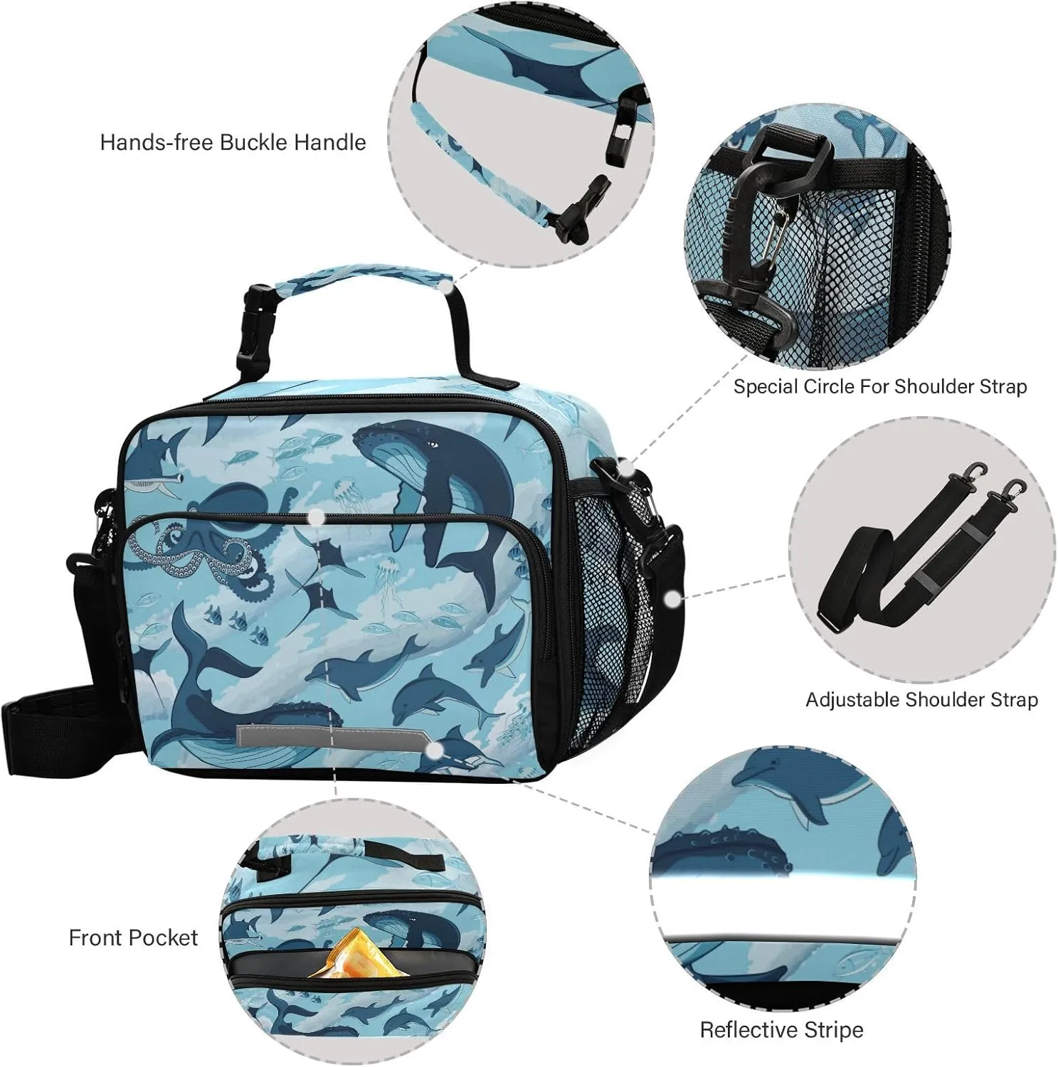 Aslsiy Lunch Bag for Women Fish and Marine Animals Insulated Lunch Box Sharks Whale Octopus Handbag with Adjustable Shoulder Strap for Office Picnic Travel
