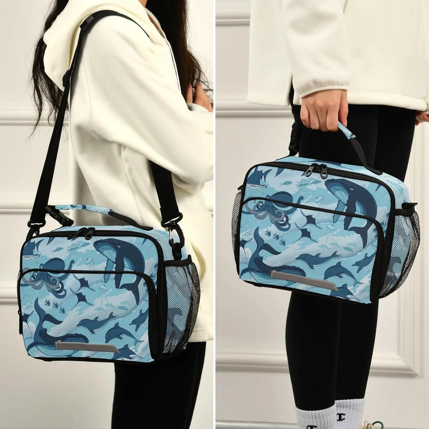 Aslsiy Lunch Bag for Women Fish and Marine Animals Insulated Lunch Box Sharks Whale Octopus Handbag with Adjustable Shoulder Strap for Office Picnic Travel