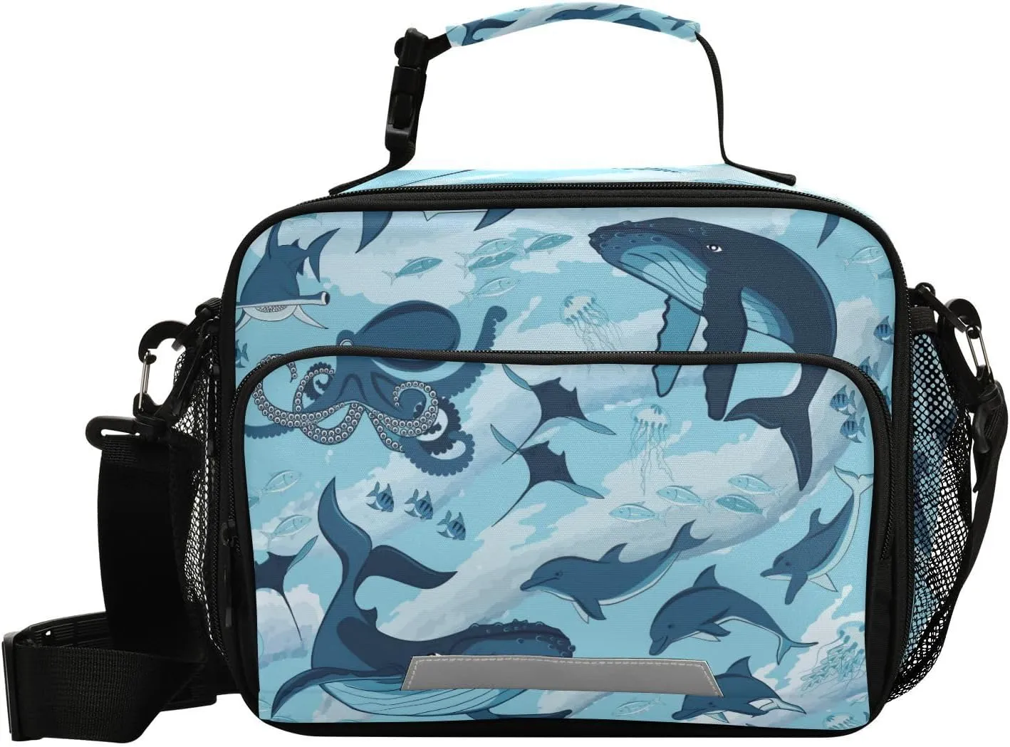 Aslsiy Lunch Bag for Women Fish and Marine Animals Insulated Lunch Box Sharks Whale Octopus Handbag with Adjustable Shoulder Strap for Office Picnic Travel
