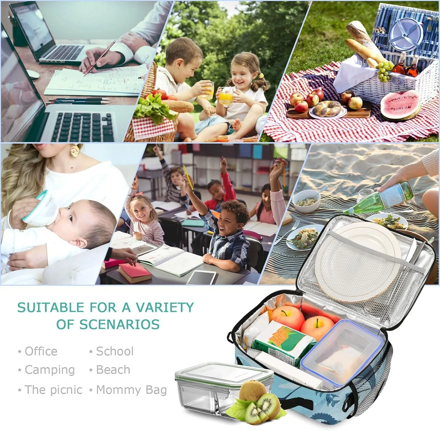 Aslsiy Lunch Bag for Women Fish and Marine Animals Insulated Lunch Box Sharks Whale Octopus Handbag with Adjustable Shoulder Strap for Office Picnic Travel