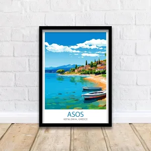 Asos Kefalonia Greece Print Greek Village Art Ionian Island Poster Coastal View Wall Decor Mediterranean Seascape Illustration Watercolor Nature Picture Home Photo Living Room Colorful,102